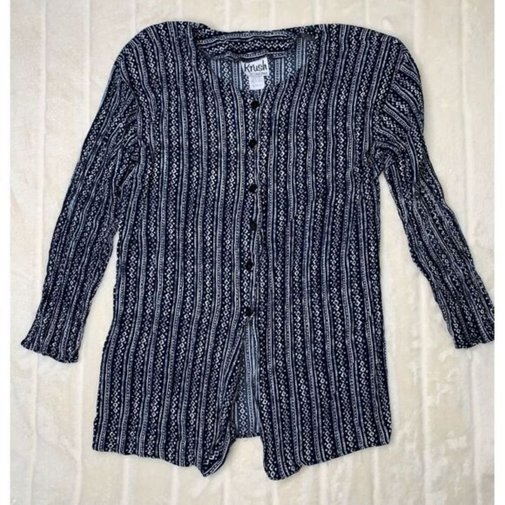 VTG Krush Of California Blouse Womens S Blue White Tribal Print Rayon 3/4 Sleeve